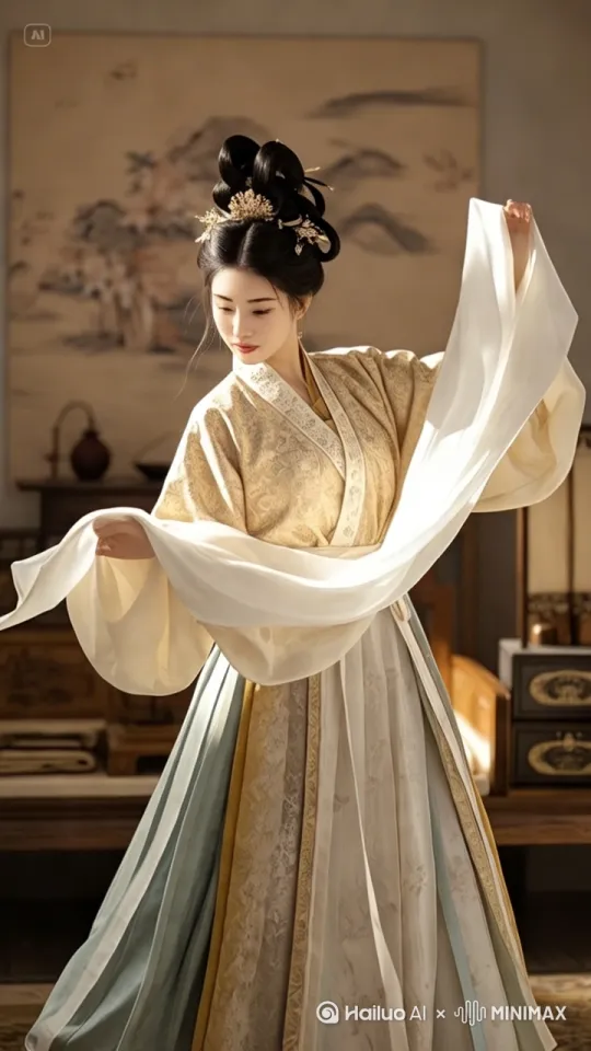 [左移,推进,右摇]中国古典风格视频片段，女子着华丽唐装，背景悬挂细腻水墨山水画卷。女子优雅举手，展示飘逸广袖，发髻高绾，点缀精致金步摇与珠翠。室内陈设古色古香，红木家具与瓷器映衬。画面弥漫东方韵味，静谧中透露生动。镜头从左至右平稳移动，逐渐拉近，捕捉女子每一个古典雅致的姿态。近景到特写，流畅运镜。 by Hailuo AI Video Generator