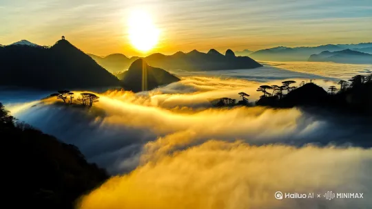 # 黄山云海日出观景图  黄山，这座被誉为“天下第一奇山”的名胜，以其“奇松、怪石、云海、温泉”四绝闻名于世。而其中，云海与日出的交相辉映，更是黄山最为壮丽的自然奇观之一。每当晨曦初绽，金色的阳光洒落在翻腾的云海之上，仿佛为大地披上了一层金色的纱衣，令人心驰神往。  ## 云海的形成与特点  黄山的云海，是大自然鬼斧神工的杰作。它通常出现在雨后放晴的清晨，当空气中的水汽凝结成云雾，在山谷间翻滚涌动，形成一片浩瀚的“海洋”。云海时而如波涛汹涌，时而如镜面般平静，与黄山的奇峰怪石、苍松翠柏共同构成了一幅流动的水墨画卷。  ## 日出的壮丽景象  黄山的日出，被誉为中国最为著名的景观之一。当太阳从地平线缓缓升起，金色的光芒穿透云层，洒在云海之上，形成一道道绚丽的光束。此时的黄山，仿佛被镀上了一层金色，天空、云海、山峦交相辉映，宛如仙境。  ## 云海与日出的交相辉映  云海与日出的结合，是黄山最为动人的瞬间。晨曦中，云海如同汹涌的波涛，与朝霞共同勾勒出一幅动人心弦的画卷。站在山巅，放眼望去，云雾缭绕间，群山若隐若现，仿佛置身于仙境之中。这种壮丽的景象，不仅让人感叹大自然的鬼斧神工，更让人心灵得到净化。  ## 观景体验与摄影建议  观赏黄山云海日出，最佳时机是雨后放晴的清晨。此时，云海最为壮观，日出也最为绚丽。对于摄影爱好者来说，建议选择高视角的位置，使用广角镜头捕捉云海与日出的全景。此外，适当调整曝光参数，可以更好地展现晨曦的光影效果。  ## 结语  黄山的云海日出，是大自然赋予人类的绝美礼物。它不仅展现了自然的壮丽与神奇，更让人感受到生命的蓬勃与希望。无论是亲身观赏，还是通过影像记录，黄山的云海日出都将成为一段难忘的记忆，永远铭刻在心中。  希望这篇观景图能为您带来身临其境的感受，也期待您有机会亲临黄山，感受这份震撼与美好。 by Hailuo AI Video Generator