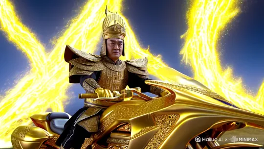 帮我生成一个视频：帮我生成一个视频：生成一条秦始皇开黄金摩托车爆黄色闪电的视频。比例 3:4。 by Hailuo AI Video Generator