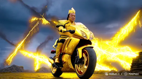 帮我生成一个视频：帮我生成一个视频：生成一条秦始皇开黄金摩托车爆黄色闪电的视频。比例 3:4。 by Hailuo AI Video Generator