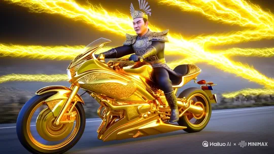 帮我生成一个视频：帮我生成一个视频：生成一条秦始皇开黄金摩托车爆黄色闪电的视频。比例 3:4。 by Hailuo AI Video Generator