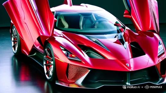 "Ultra realistic concept supercar, blazing crimson metallic paint with liquid mercury reflections, aggressive aerodynamic carbon fiber bodykit, dihedral scissor doors partially open, hexagonal honeycomb grille glowing with orange LED accents, quad staggered hyperchrome alloy wheels with brake calipers pulsating red light" by Hailuo AI Video Generator