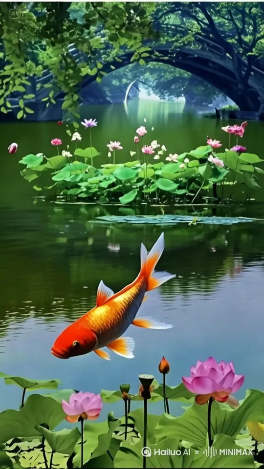 /金鱼由桥下水面快速游向前方，跃过荷花，一头扎进水里。 by Hailuo AI Video Generator