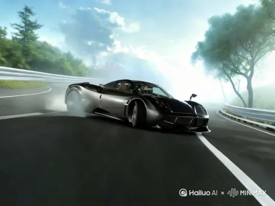 [左摇,变焦推进]汽车飞速行驶漂移，烟气弥漫 by Hailuo AI Video Generator