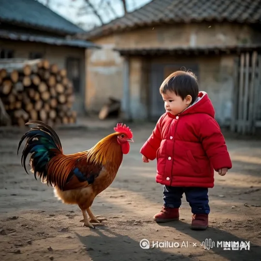 镜头移动，动态跟随，右边的女孩率先发起攻击，它左腿猛地一蹬地，高高跃起，右脚如旋风般扫向左边公鸡的头部。公鸡机灵地低头闪躲，同时双手伸开腾空而起，用双脚功向公鸡的头，左拳如雷霆万钧之势直击公鸡的侧身。左边的公鸡变成身穿红衣的三岁小男孩，侧身一扭，避开拳头，跳起来施展出迅猛的连环踢猛踢向小女孩。小女孩迅速抽回手，红衣服小男孩突然高高跃起，向小女娃踢去，小女孩趁红衣男孩落地未稳，飞起一脚踢在红衣男孩的后腿上，他们的招式刚柔并济，时而是刚猛的直拳，时而是柔美的转身回旋踢。其它的人都站起身来鼓掌呐喊。 by Hailuo AI Video Generator