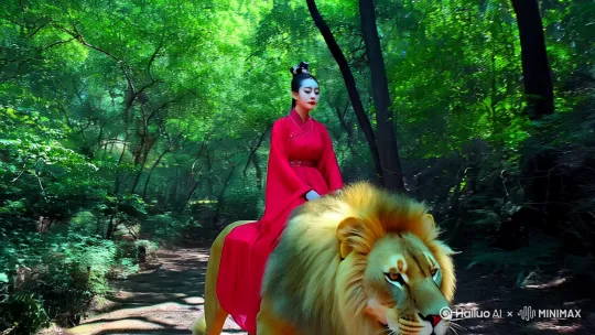 中国的古代美女，容貌端装，身穿红色的古装长裙，骑在一头毛发蓬松高大的狮子的背上，目视前方行走在丛林里。视频长度20秒以上，写实风格，真人实景，中文字幕。 by Hailuo AI Video Generator