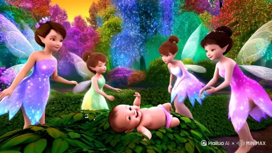 一群精致的真人中国小仙女在美丽荧光的森林中发现一个刚出生的小婴儿，这些美丽的中国小仙女散发着美丽的星光、他们好奇又紧张的缓缓的靠近小婴儿！特写小婴儿对着小仙女们开心的笑着、其中一个小仙女握了小婴儿的小手，镜头缓缓转向天空，此时的天空出现彩虹和美丽的星光闪闪，镜头缓缓转换风轻轻的吹像美丽的花丛.花丛开着各种美丽的花草. by Hailuo AI Video Generator
