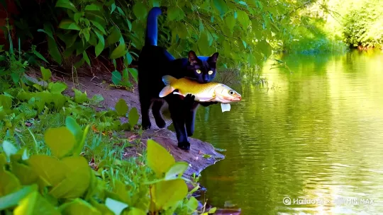 一只猫叼着一只金色的鲤鱼去河里放生，鱼儿感恩，舍不得游走，叩头感谢猫的恩！ by Hailuo AI Video Generator