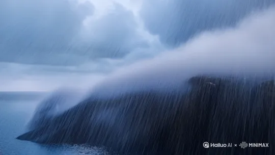 倾盆大雨中【左右移动运镜】，悬崖峭壁的山洞里【由远及近的推镜】，蓝湾牧羊犬在围炉煮茶。 by Hailuo AI Video Generator