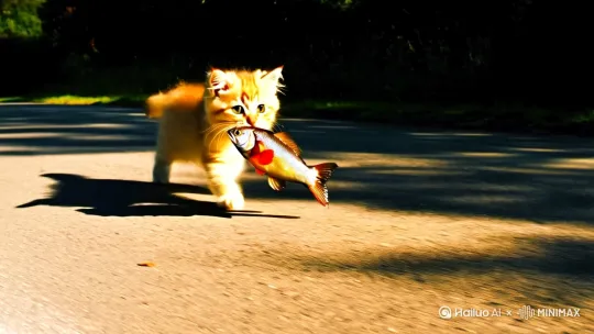 叼着鱼的小猫在路上跑 by Hailuo AI Video Generator