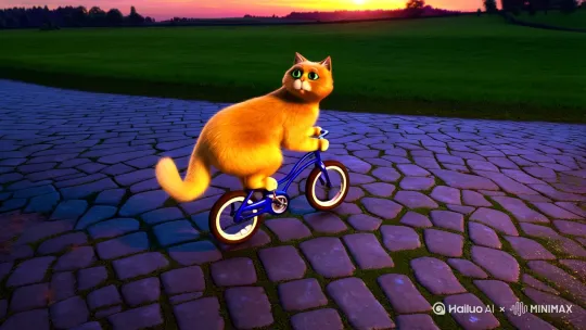 一只金渐层猫咪，在落日的余晖中骑着自行车 by Hailuo AI Video Generator