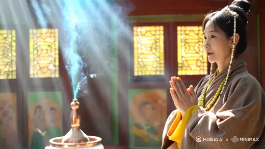 藏族女性在转经廊双手合十凝视光源，雕花窗投射的光束中浮动着香火轻烟，铜经筒氧化层呈现翡翠绿与赭石色渐变，壁画金粉在逆光中微弱闪烁，中焦镜头刻画氆氇呢长袍的织纹与天珠项链，面部高光如古典肖像画般神圣 by Hailuo AI Video Generator