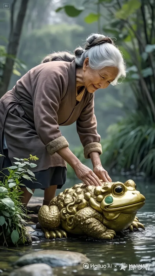 老奶奶把金蟾抱起来，金蟾口吐金币堆成山3D超高清高清晰拍摄，跟踪镜头 by Hailuo AI Video Generator