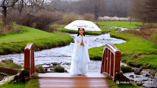 农村，小桥流水，春雨飘下，古代小美女，打油纸伞，在小桥上漫长，悠然自得。 by Hailuo AI Video Generator