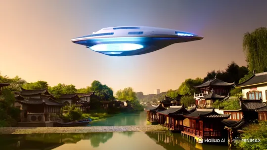 在江南水乡的乡村，一个外星飞船停在天上，一个外星人从飞船中出来，手拿五星向镜头走来！ by Hailuo AI Video Generator