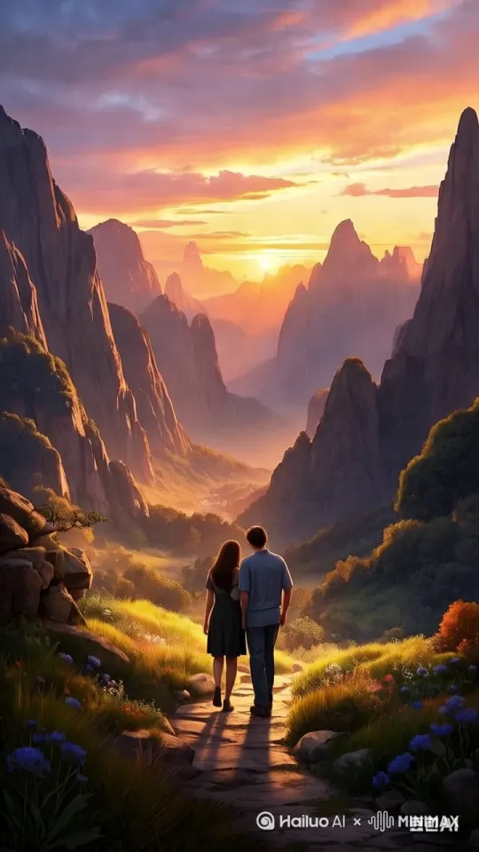 [推进,上升]图片上的男女慢慢的往前走，微风吹动头发，阳光慢慢斜下，要有阳光的变化，天上有几只飞鸟飞过，展现出一种浪漫感觉。 by Hailuo AI Video Generator