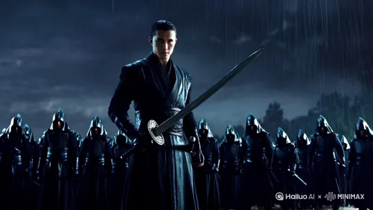 一个长相帅气，冷酷的侠客，手持长剑独自对战一群黑衣杀手，天上下着瓢泼大雨，镜头由远及近，然后围着他迅速旋转 by Hailuo AI Video Generator