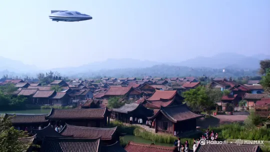 在江南水乡的乡村，一个外星飞船停在天上，一个外星人从飞船中出来，手拿五星向镜头走来！[右摇,变焦推进] by Hailuo AI Video Generator
