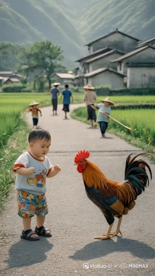 小男孩左腿猛地一蹬地,高高跃起,右脚如旋风般扫向公鸡的头部。公鸡机灵地低头闪躲,同时猛地向前一冲,用头顶向小男孩的腹部。小男孩左拳一招右拳则如雷霆万钧之势直击公鸡的侧身。公鸡侧身一扭,避开拳头,公鸡跳起来施展出迅猛的连环踢猛踢向小男孩。小男孩迅速抽回手,公鸡突然高高跃起,向小男孩踢去,小男孩趁公鸡落地未稳,飞起一脚踢在公鸡的后腿上,他们的招式刚柔并济,时而是刚猛的直拳,时而是柔美的转身回旋踢。 by Hailuo AI Video Generator