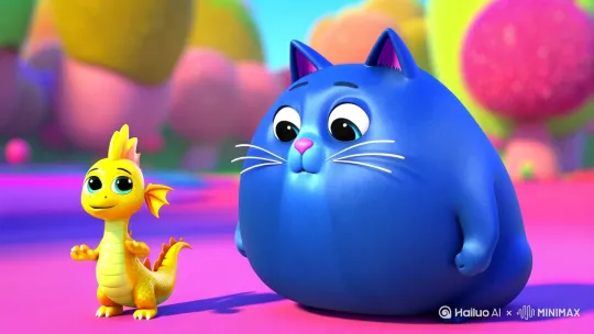 一个蓝色的胖猫看着一个黄色的小龙,卡通风格 by Hailuo AI Video Generator