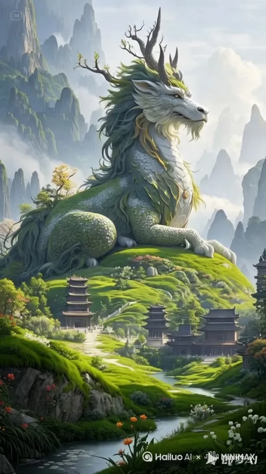 无人机跟踪镜头，广角镜头，麒麟欠了欠身子，张嘴，对岸的人争相围观相，动作逼真，流畅和谐自然！ by Hailuo AI Video Generator