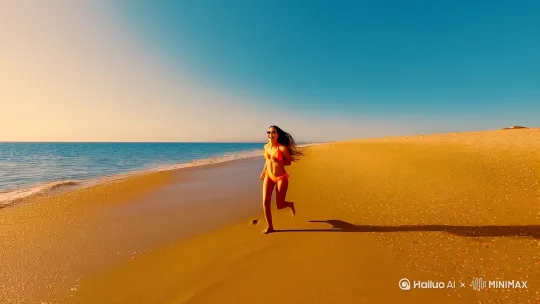 阳光洒满整片沙滩，海风轻拂，带着微微的咸味和清凉。金色的沙滩在阳光下闪闪发光，仿佛铺满了细碎的钻石。她赤着脚，踩着柔软的细沙，每一步都像是在与大地轻轻共鸣。她的比基尼是夏日的色彩，鲜艳的橙色与碧蓝的海水相映成趣，勾勒出她曼妙的曲线。

她欢笑着，奔跑着，长发随风飘扬，仿佛与海浪共舞。海潮涌来，轻轻拍打着她的脚踝，溅起的水花在阳光下如水晶般闪烁。她追逐着浪花，时而转身，双臂张开，仿佛要拥抱整个大海。她的笑声清脆，像是海鸟的鸣叫，纯真而自由。

远处的海天相接，蔚蓝一片，无垠的视野让她仿佛置身于世界的尽头。她停下脚步，抬头望向天空，眯起眼睛，感受着阳光洒在脸上的温暖。这一刻，时间仿佛静止，只有她和这片无边的海洋。

沙滩上的脚印渐渐被浪花抹去，但她的快乐却在这片天地间留下了永恒的印记。她是海的女神，是夏日的精灵，在这片金色的海滩上，尽情释放着生命的活力与美好。 by Hailuo AI Video Generator