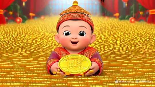 帮我生成一个中国萌娃，要求财神爷的福气相，手抱金元宝，背景图是下金元宝雨 by Hailuo AI Video Generator