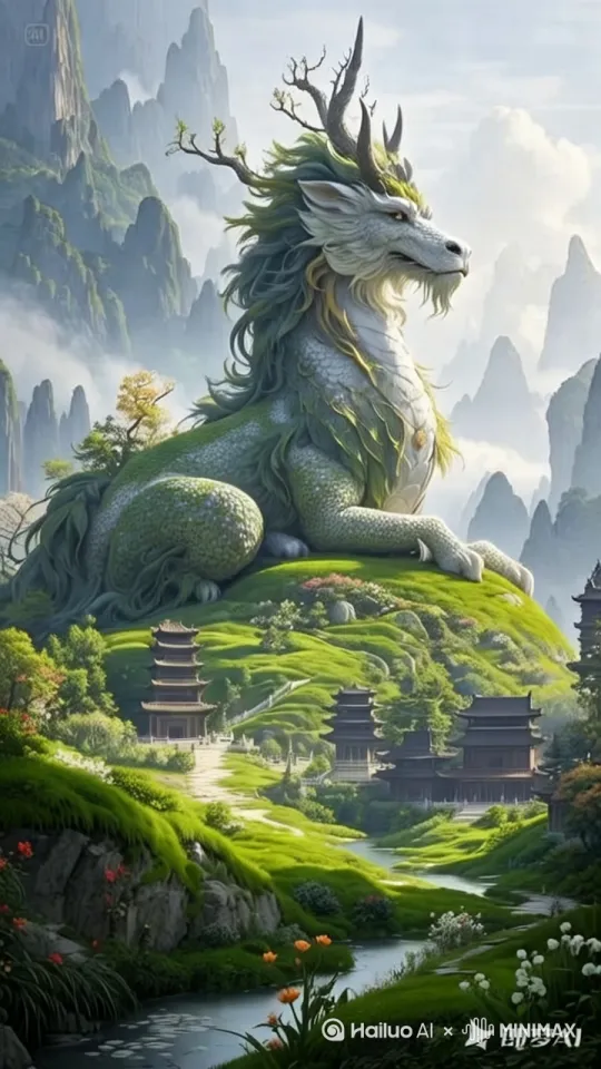 无人机跟踪镜头，广角镜头，麒麟张了张嘴，欠了欠身子，动作逼真，流畅和谐自然[右移,变焦推进] by Hailuo AI Video Generator