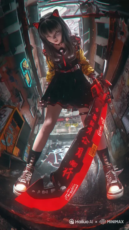 "Full-body portrait of a girl holding a glowing red rune-covered greatsword pointed at camera, hair violently flowing with wind simulation (speed=1.8x), neon-lit cyberpunk alley background with flickering signs, weapon runes pulsing red energy, spark particles emitting from blade edge, dynamic dolly zoom camera effect with lens distortion, --duration 5s --fps 60 --motion_intensity 9 --style 'cyberpunk_action'"
--enhancements
"rune_glow_sequence=red"
"neon_flicker_rate=0.5s"
"metal_spark_count=300"
"hair_physics=ultra"
--camera "dolly_zoom_terror"
--fov 60°→100°
--shake_intensity 0.7 by Hailuo AI Video Generator