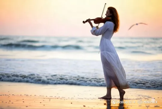 广角全景升降运镜
Sunset spills liquid gold across a windswept beach, cinematic wide shot slowly descends from cloud-streaked magenta sky to reveal a solitary woman in flowing ivory chiffon dress. Her silhouette emerges against crashing azure waves, violin poised like a delicate seashell in her hands. Two seagulls arc across the flamingo-hued horizon in perfect diagonal composition. by Hailuo AI Video Generator