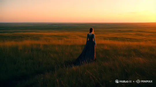 视频的主人公是一位年轻的女性，她是一位旅行者，正在追寻内心的平静和灵感。她来到了一片宁静的草原，这里有最美的夕阳，她希望通过这次旅行找到内心的答案。

视频结构
1.
开场镜头：
广角镜头展示辽阔的草原和即将落下的夕阳，营造出一种宁静和神秘的氛围。
主人公从远处走来，背对着镜头，逐渐走近。
2.
中景镜头：
主人公停下脚步，转身面向夕阳，闭上眼睛，深吸一口气，仿佛在感受大自然的气息。
镜头慢慢转动，从她的背影转到侧面，展示她的服装和发型。可以加入一些慢动作效果，突出她的优雅和从容。
3.
特写镜头：
拍摄她的头发在风中飘动的细节，以及夕阳在她身上的光影变化。可以使用微距镜头捕捉这些细节，增加视觉冲击力。
她睁开眼睛，看向远方，仿佛在思索什么。
4.
互动镜头：
她转身面对镜头，露出一个淡淡的微笑，然后开始慢慢走动。
镜头跟随她的步伐，展示她在夕阳下的身影。可以加入一些自然的音效，例如风声和鸟鸣，增强现场感。
5.
高潮镜头：
她停下脚步，再次闭上眼睛，双手合十，仿佛在祈祷或冥想。
镜头慢慢拉远，展示她在辽阔草原上的身影，夕阳逐渐落下，天空变得更加绚丽多彩。
6.
结尾镜头：
她睁开眼睛，露出一个满足的微笑，仿佛找到了内心的平静。
镜头回到全景，展示夕阳和她在夕阳下的身影，形成首尾呼应。
音乐和音效

选择一首悠扬的音乐作为背景音乐，例如古典音乐或轻柔的电子音乐。音效方面，可以加入风声、鸟鸣等自然音效，增强现场感和氛围感。

后期制作
1.
调色：调整视频的色调，使整体画面更加温暖和柔和，突出夕阳的橙黄色调。可以使用滤镜或手动调整色彩平衡。
2.
剪辑：将各个镜头流畅地剪辑在一起，注意节奏的把控，使视频既有变化又不失连贯性。
3.
特效：适当加入一些特效，例如慢动作、镜头抖动等，增加视频的动感和视觉吸引力。[左摇,变焦推进] by Hailuo AI Video Generator