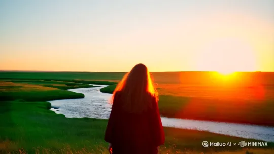 视频的主人公是一位年轻的女性，她是一位旅行者，正在追寻内心的平静和灵感。她来到了一片宁静的草原，有一条弯曲的小河，这里有最美的夕阳，她希望通过这次旅行找到内心的答案。

视频结构
1.
开场镜头：
广角镜头展示辽阔的草原和即将落下的夕阳，营造出一种宁静和神秘的氛围。
主人公从远处走来，背对着镜头，逐渐走近。
2.
中景镜头：
主人公停下脚步，转身面向夕阳，闭上眼睛，深吸一口气，仿佛在感受大自然的气息。
镜头慢慢转动，从她的背影转到侧面，展示她的服装和发型。可以加入一些慢动作效果，突出她的优雅和从容。
3.
特写镜头：
拍摄她的头发在风中飘动的细节，以及夕阳在她身上的光影变化。可以使用微距镜头捕捉这些细节，增加视觉冲击力。
她睁开眼睛，看向远方，仿佛在思索什么。
4.
互动镜头：
她转身面对镜头，露出一个淡淡的微笑，然后开始慢慢走动。
镜头跟随她的步伐，展示她在夕阳下的身影。可以加入一些自然的音效，例如风声和鸟鸣，增强现场感。
5.
高潮镜头：
她停下脚步，再次闭上眼睛，双手合十，仿佛在祈祷或冥想。
镜头慢慢拉远，展示她在辽阔草原上的身影，夕阳逐渐落下，天空变得更加绚丽多彩。
6.
结尾镜头：
她睁开眼睛，露出一个满足的微笑，仿佛找到了内心的平静。
镜头回到全景，展示夕阳和她在夕阳下的身影，形成首尾呼应。
音乐和音效

选择一首悠扬的音乐作为背景音乐，例如古典音乐或轻柔的电子音乐。音效方面，可以加入风声、鸟鸣等自然音效，增强现场感和氛围感。

后期制作
1.
调色：调整视频的色调，使整体画面更加温暖和柔和，突出夕阳的橙黄色调。可以使用滤镜或手动调整色彩平衡。
2.
剪辑：将各个镜头流畅地剪辑在一起，注意节奏的把控，使视频既有变化又不失连贯性。
3.
特效：适当加入一些特效，例如慢动作、镜头抖动等，增加视频的动感和视觉吸引力。 by Hailuo AI Video Generator