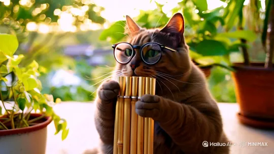 一只带眼镜的胖猫在阳台上吹葫芦丝 by Hailuo AI Video Generator