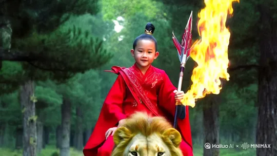 中景，小男孩穿着哪吒样式的红色衣服，手持火焰枪，脸上挂着天真无邪的笑容，看向镜头，骑着一只巨大的金毛狮子，从森林中走来，狮子雄壮伟岸，狮毛随风飘扬，面朝镜头，缓缓走来，写实的风格[环绕，下降] by Hailuo AI Video Generator