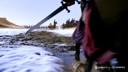 开场镜头从青铜爵里的酒液摇到帐外飘雪的大营，跟随将军佩剑的视角穿越：  
- 00:05 马蹄特写溅起泥浆，切换到战车轮毂在沙漠卡住  
- 00:12 长镜头展示沙丘后突然出现的匈奴骑兵群  
- 00:20 箭雨升空时切换为慢动作，箭矢与惊飞的鸿雁同框  
- 00:30 城墙缺口处阵亡士兵手中紧握的家书被风吹展  
- 00:45 胜利时血滴在缴获的波斯地毯上晕染成梅花状  
水墨转场到长安城的灯笼，最后定格在敦煌220窟风格的战争壁画" by Hailuo AI Video Generator
