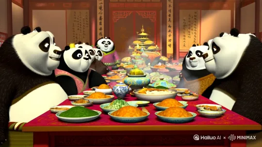 熊猫一家人围着大桌子吃着满汉全席 by Hailuo AI Video Generator