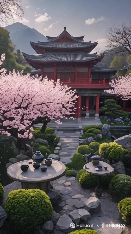 以全景俯拍起幅，将红墙飞檐的古建、粉樱簇簇的花树与曲径园林尽收画面；镜头匀速前推，穿越层层叠叠的绿植，聚焦于樱花枝桠，捕捉花瓣粉嫩色泽与细腻脉络；继而水平平移，沿石板小径转向石桌茶具，用特写展现黑陶茶具的古朴纹理，定格杯盏间摇曳的花影；最后镜头后仰上摇，让古建重檐与远山云雾融入画面，以天地开阔感收束，完整呈现古建、樱花、茶境交织的东方美学意境。 by Hailuo AI Video Generator