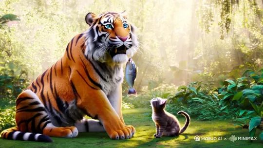 一老虎喂小猫吃鱼 by Hailuo AI Video Generator