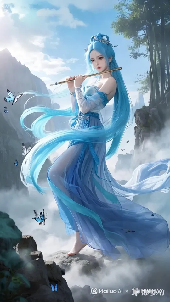 镜头移动，动态跟拍。聚焦在美女身上，她双脚离地，身体缓缓升到空中，然后向后面飞去，云雾缭绕。 by Hailuo AI Video Generator