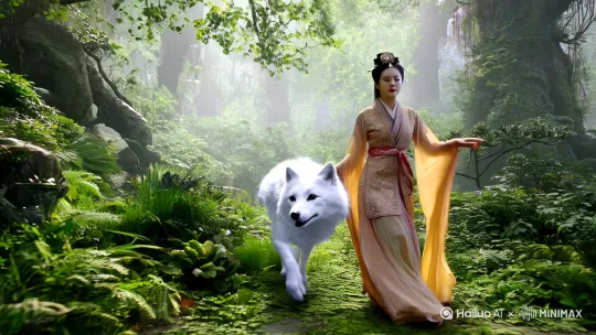 古代汉服美女在丛林中前行，一只巨大的白狐从远处走来，停在女人身边，女人骑上白狐，白狐飞奔而去，电影特效、由远到近运镜，画面逼真，背景用古代森林，整体设计栩栩如生 by Hailuo AI Video Generator