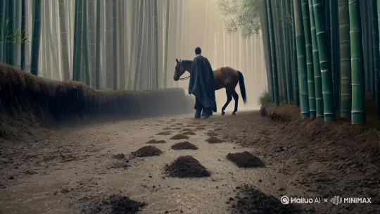 1. Opening Scene
`Close-up of muddy footprints in rain (textured details), slow pan up to reveal swaying horse and a man walking calmly through bamboo forest, heavy rain hitting leaves, wind-blown cloak, cinematic mist, muted grey-green color palette`
2. Symbolic Transition
`Slow-motion water droplet falling from bamboo leaf into stream (macro lens), ripple transforms into floating peach blossom petals, ink-wash clouds swirling in reflection`
3. Climax Lighting
`Low-angle view of stormy clouds breaking, golden sunlight beams through bamboo gaps, backlit silhouette of traveler with staff walking toward distant mountains, warm amber tones blending with lingering mist`
4. Poetic Details
`- Wine gourd swaying on waist (raindrops splashing on surface)
- Bare feet stepping firmly on rocky path (contrast with broken straw sandals in mud)
- Time-lapse of wild chrysanthemums blooming in cliff crevices (symbolizing resilience)` by Hailuo AI Video Generator