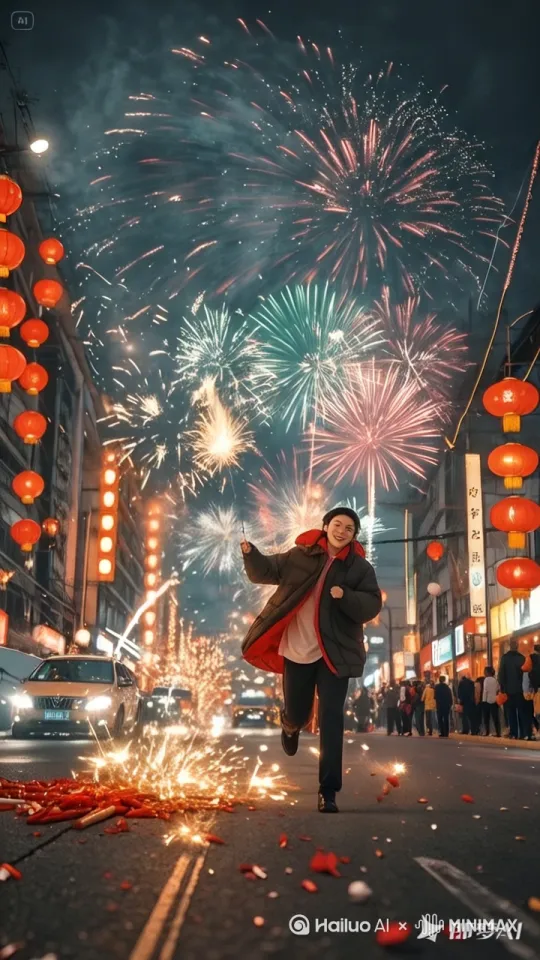 过年了，在热闹的城市大街上，一个小帅哥，打着中国功夫燃放了各种各样烟花太漂亮了，很多围观群众拍手叫好 by Hailuo AI Video Generator
