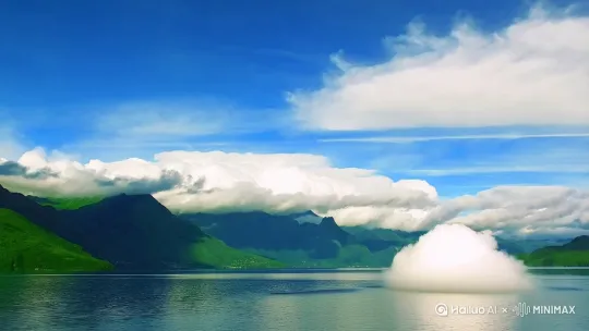 蓝天白云，青山绿水，一朵白云在水面上滚动 by Hailuo AI Video Generator
