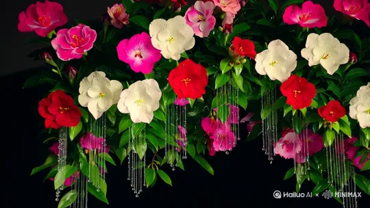大师作品，海棠花，白色的粉色的红色的，一串的海棠花，像风铃，花瓣有露珠，娇艳欲滴，彩色炫染，细雨绵绵，高清，真实画面黑色背景，留出三个字的位置。图片尺寸16:9 by Hailuo AI Video Generator