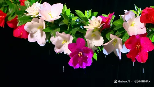 大师作品，海棠花，白色的粉色的红色的，一串的海棠花，像风铃，花瓣有露珠，娇艳欲滴，彩色炫染，细雨绵绵，高清，真实画面黑色背景，留出三个字的位置。图片尺寸16:9大师作品，海棠花，白色的粉色的红色的，一串的海棠花，像风铃，花瓣有露珠，娇艳欲滴，彩色炫染，细雨绵绵，高清，真实画面黑色背景，留出三个字的位置。图片尺寸9:16 by Hailuo AI Video Generator