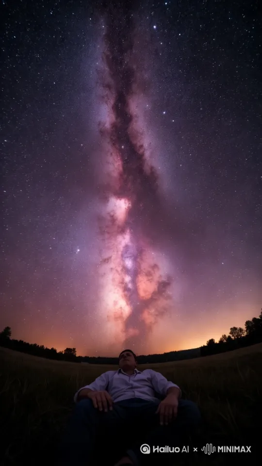 增强银河系和星空的色彩饱和度，特别是紫色和粉色，使它们更加鲜艳和梦幻。同时，可以适当调整整体色调，使画面更加柔和和温暖。在星空部分添加一些粒子效果，如流星划过或星星闪烁，让画面更加生动和梦幻。使用缓慢的镜头运动，如平移、旋转或缩放，让观众有一种身临其境的感觉，仿佛自己也躺在草地上，仰望星空。星尘可以设置为微小的光点，随机在星空中漂浮。 by Hailuo AI Video Generator