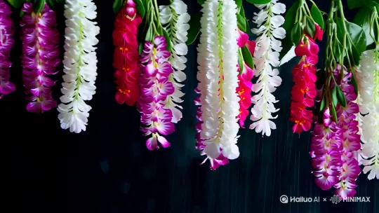 大师作品,海棠花,白色的粉色的红色的,一串的海棠花,像风铃,花瓣有露珠,娇艳欲滴,彩色炫染,细雨绵绵,高清,真实画面黑色背景,留出三个字的位置。图片尺寸16:9大师作品,海棠花,白色的粉色的红色的,一串的海棠花,像风铃,花瓣有露珠,娇艳欲滴,彩色炫染,细雨绵绵,高清,真实画面黑色背景,留出三个字的位置。图片尺寸9:16 by Hailuo AI Video Generator