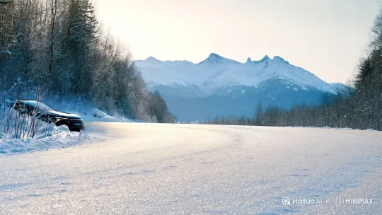 被白雪覆盖的寂静森林公路，路面结冰反光，远处雪山连绵，黑色奥迪S8流线型车身泛着冷冽金属光泽，轮毂高速旋转，车辆在弯道处漂移甩尾，车尾扬起扇形雪雾，前灯在雪幕中划出光轨，电影级光影质感，超写实4K分辨率，广角镜头强化速度感，动态模糊配合雪粒飞溅特效，冬季极寒环境与机械性能的暴力美学结合，引擎轰鸣声波震落树梢积雪，60帧动态捕捉，HDR高动态范围，焦外雪景虚化处理 by Hailuo AI Video Generator