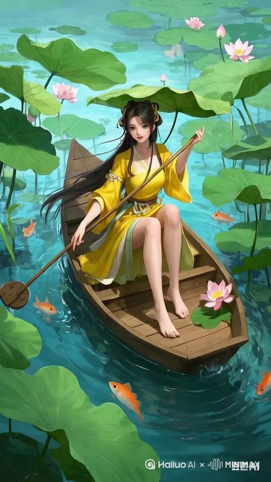美女优雅的在荷叶中划船，开心 by Hailuo AI Video Generator