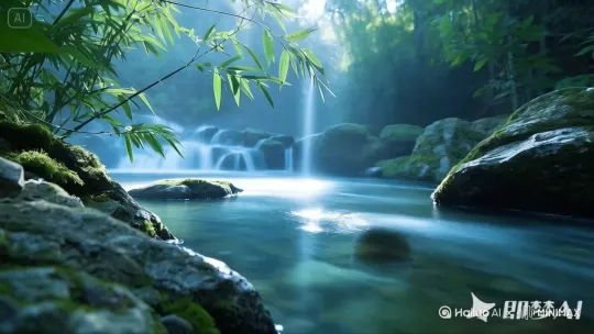 树枝随风摆动，流水潺潺，缓缓流动，唯美，艺术，镜头跟踪拍摄，画面温馨美好 by Hailuo AI Video Generator